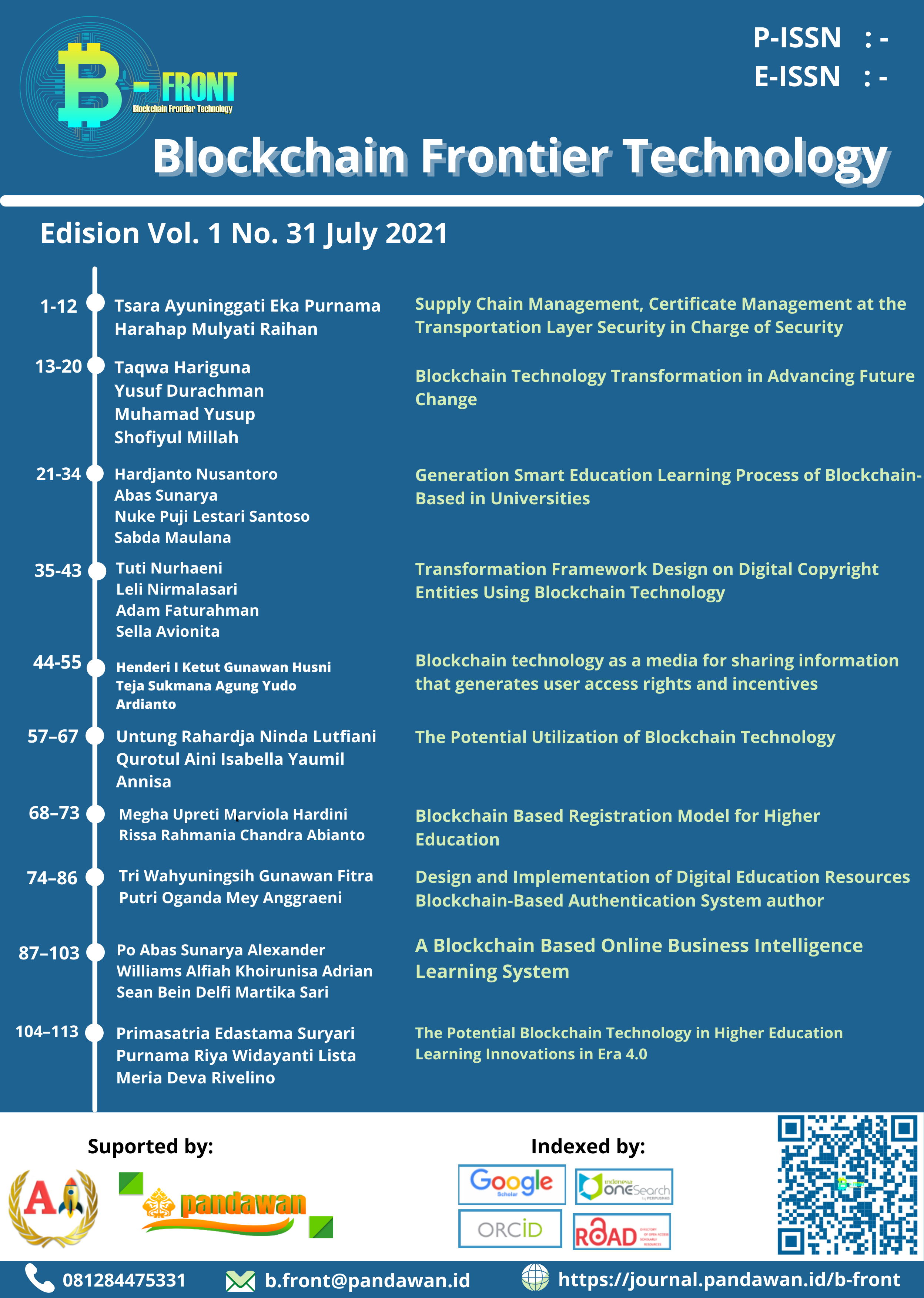Blockchain Frontier Technology (B-Front) - Vol. 1 No. 1 July 2021, yang didalamnya membahas Blockchain Pendidikan Tinggi
